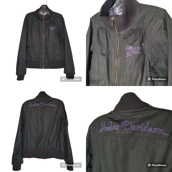 Harley-Davidson Embroidered Spellout Black Riding Jacket Coated Womens Medium - Picture 1 of 15